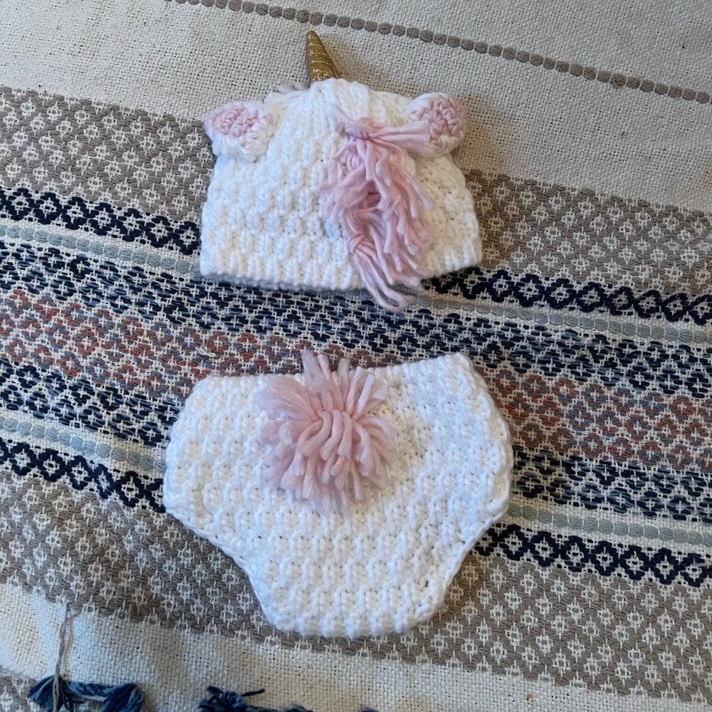 Cloud Island knitted unicorn baby hat and bottoms
